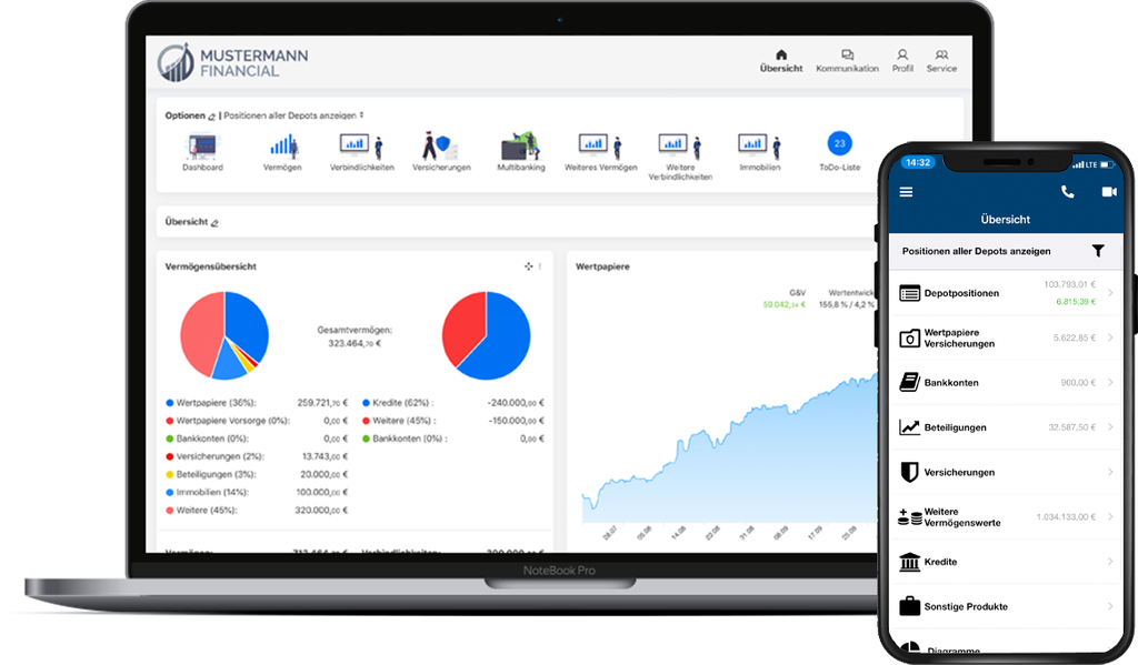 Das FinanceHome auf Notebook und Smartphone: Vermögensübersicht mit Diagrammen